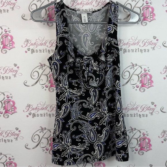 White House Black Market Tops - White House Black Market shirt ruffles Black and White Paisley Tank Top